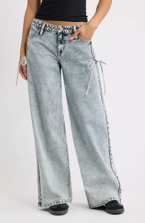 YMI Side Cinch Bow Wide Leg Jeans in Acid Medium Wash at Nordstrom, Size 11