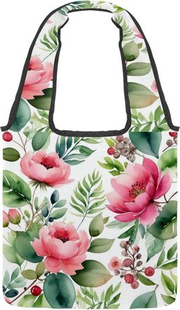 Generic Flowers and Green Leaves Reversible Canvas Shoulder Tote - Double-Sided Print, 12oz Cotton, 27cm Drop, Fold-Flat Bag for Travel, Shopping, Street Outi