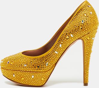 Gina Yellow Satin Dolly Crystal Embellished Platform Pumps