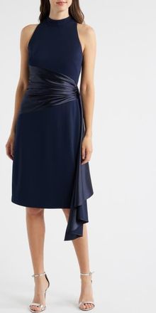 Eliza J Mixed Media High Neck Cocktail Sheath Dress in Navy at Nordstrom, Size 14