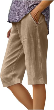 Generic RLEHJN Womens Cotton Linen Shorts Elastic Waist Knee Length Summer Shorts Solid Color Casual Half Pants Comfortable Lightweight Straight Leg Short Pan