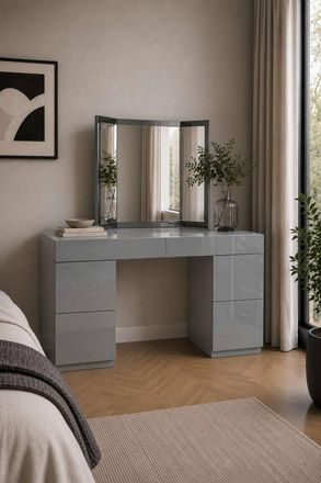 Birlea Liberty 6 Drawer Dressing Table & Mirror Twin Pedestal Grey Glass | Size: Large