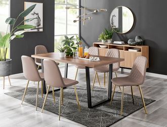 Furniturebox Kylo Large Brown Wood Effect Dining Table & 6 Corona Gold Leg Faux Leather Chairs in Beige