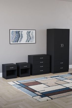 Home Discount Riano 4 Piece Bedroom Set - 1 Drawer Bedside, 4 Drawer Chest, Wardrobe in Black