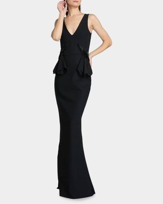 La Petite Robe Di Chiara Boni Nawa Deep V-Neck Beaded Mermaid Gown In Black