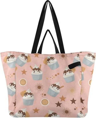 Generic Cupcakes Stars Pink print Reusable Canvas Tote Bag, Heavy Duty Grocery Shopping Bag with Large Capacity Hard Bottom Double Handles Work Groceries Trav
