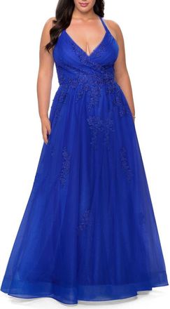 La Femme Plus Size A-line Tulle Dress with Floral Detailing in Royal Blue at Nordstrom, Size 16W