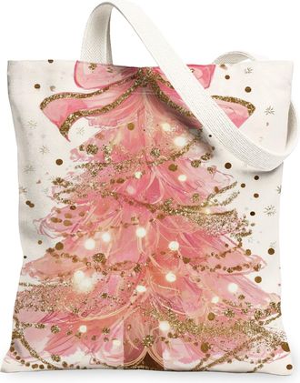 Generic Christmas Tree Canvas Tote Bags, Festive Holiday Design Lightweight Washable Shoulder Strap Canvas Bags for Grocery Shoppin, Peach, 13x15 Inch