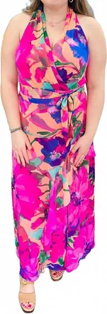 London Times Halter Maxi Dress With Sash Belt In Pink