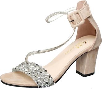 Generic Womens Mid Chunky Heels Dress Pumps Sandals Open Toe Glitter Sequins Rhinestones Cross Ankle Strap Wedding Party Shoes (8.5,Apricot)