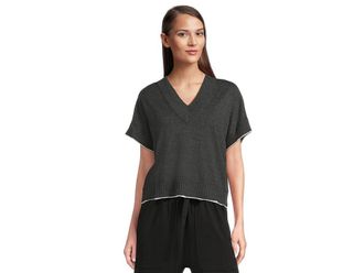 Lilla P Short Sleeve V-Neck Pullover Sweater Womens Sweater Licorice : MD, Cotton/Linen/Polyester