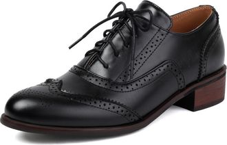 Generic Womens Multi Tone Oxford Lace Up Shoes with Wingtip Brogue Perforation Round Toe Low Chunky Heel Cushioned Insole Durable Vintage Style,Black,6.5 UK