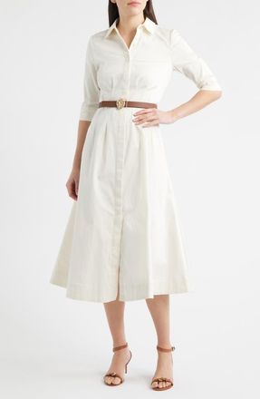Anne Klein Elbow Sleeve Stretch Cotton Shirtdress in White Dove at Nordstrom, Size 10