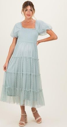 Pinkblush Pink Tulle Tulle Puff Sleeve Smocked Midi Dress in Light Olive at Nordstrom, Size Small