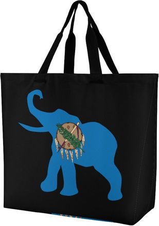 Generic Elephant Oklahoma Flag Reusable Shopping Bags Large Capacity Grocery Bag Heavy Duty Tote for Women 40x40x16cm