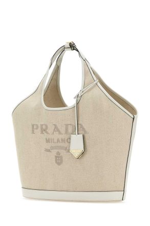 Prada Womens Sand Canvas Shopping Bag Naturalebianco Borse A Mano