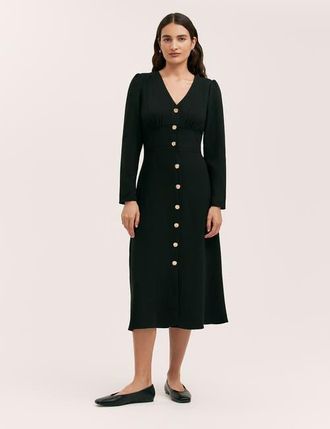 Finery Caprice Long Sleeve Crepe Midi Dress in Black at Nordstrom, Size 16