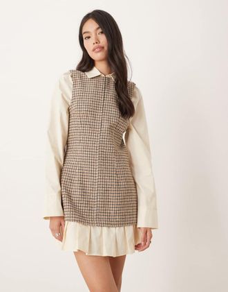 Asos Vestito corto stile camicia ibrido color cuoio a quadri con fondo peplo-Multicolore