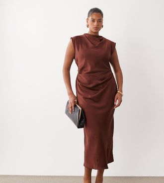 Asos Curve ASOS DESIGN Curve - Vestito midi in raso color cioccolato accollato con corpino a pieghe-Multi