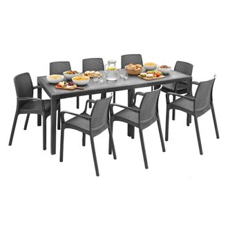 Dmora Conjunto De Sal&oacute;n De Exterior Manarola, Mesa Rectangular Extensible Con 8 Sillas Y Reposabrazos, Fabricado En Italia, Color Antracita - Dmora