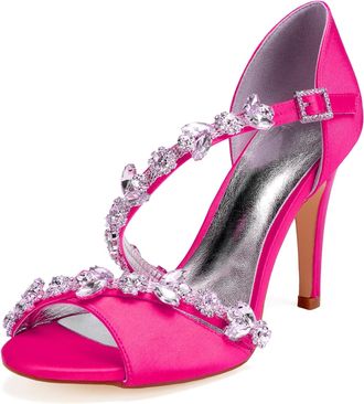 Generic Wedding Bridal Shoes Womens Heels Ankle Strap High Heels Heeled Open Toe Satin Bridal Stiletto Sandals 10.5Cm,Rose red,8 UK