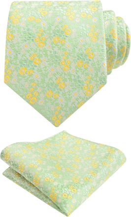 Alizeal Mens Light Colored Floral Necktie and Pocket Square Small Flower Colorful Wedding Party Tie Set, Light Green+Yellow