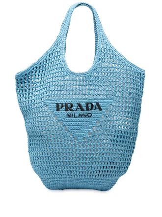 Prada 2000-2025 Raffia Effect Crochet Logo Embroidered Shopping tote bag - Blue