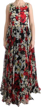 Dolce & Gabbana Floralprint Zijden Chiffon Gouden A-lijn Maxi Jurk