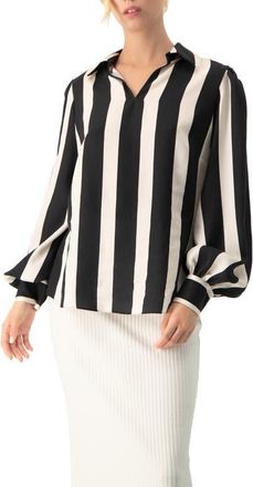 Ivonne Collared Long Sleeve Striped Blouse in Black at Nordstrom, Size 14