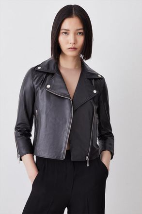 Karen Millen Womens Leather Shrunken Biker Jacket - Black - Size 10 UK