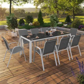 IDMarket Conjunto De Muebles De Jard&iacute;n Madrid Mesa 190 Cm Y 8 Sillas Apilables Blanco Y Gris