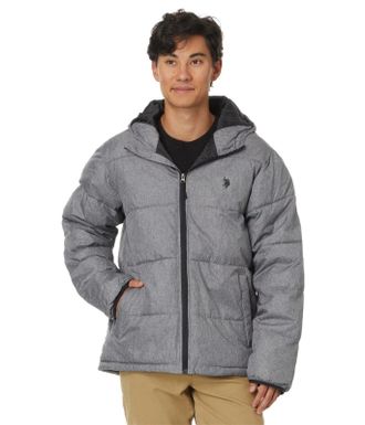 U.S.Polo Association U. S. Polo Assn. Heathered Moderate Puffer Jacket Men Gray Heather Hooded FROG690