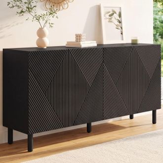 IDMarket Aparador Himara 160 Cm, 4 Puertas, Listones Geom&eacute;tricos De Madera Negra