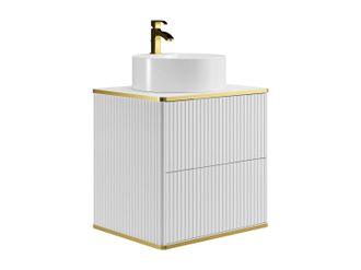 Vente-Unique Mueble de ba&ntilde;o suspendido estriado con ribete dorado y lavabo redondo sobre encimera - Blanco - L60 cm - KELIZA