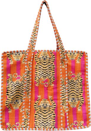 Generic Tiger Print Cotton Tote Bag, Orange and Pink Striped Pattern