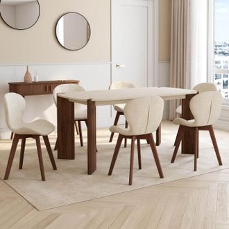 IDMarket Lote De 6 Sillas Robine De Tela De Chenilla Beige Con Patas De Nogal
