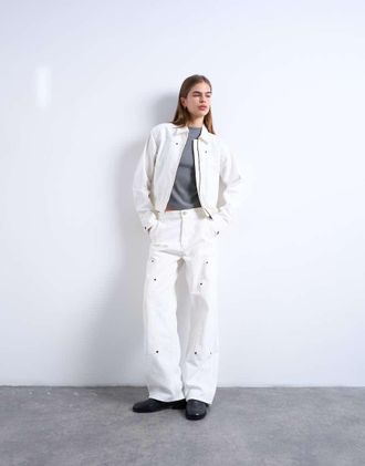 Topshop Column - Jeans dritti a vita medio alta &eacute;cru multitasche-Bianco