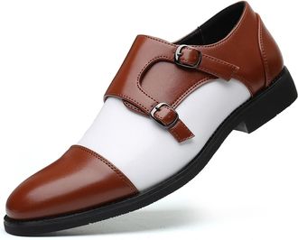 Generic Oxford Formal Shoes for Men Slip On Two Tone Double Monk Strap Black and White Cap Toe PU Leather Anti-Slip Block Heel Rubber Sole Slip Resistant(10.5