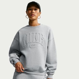 Nike Womens Studio Fleece Medium Weight Graphic Pack Oversized Embossed Crew in Grey | IU1139-063