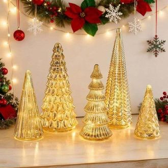 OEM [mai Usato]set Di 5 Alberelli Di Natale Illuminati In Vetro Mercurizzato, Decorazioni Da Tavolo Con Luci Led Per Soggiorno, Camera Da Letto, Camino E 
