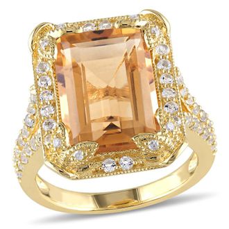 Amour 7 3/5 CT TGW Emerald Cut Citrine, White Topaz and Diamond Halo Leaf Split Shank Ring Yellow Sterling Silver