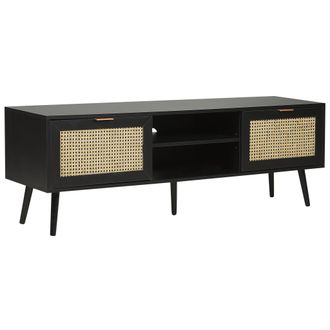 Beliani Beliani - Mueble De Tv De Rat&aacute;n Frontal De Mimbre Mdf Madera De Caucho Negro Patas 2 Vitrinas Estantes Abiertos Sala De Estar De Estilo Boho Negro Opo