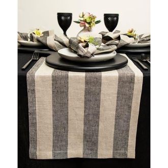 Solino Home Linen Table Runner for Dining Table, Holiday and Everyday Table Decor - Cabana Stripe in Black And Natural at Nordstrom, Size Xx-Small