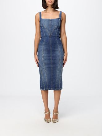 Elisabetta Franchi Midi Sheath Dress in Cotton Denim with Square Neckline