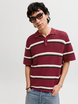 Jack & Jones Polokragenpullover JACK & JONES JORMAINE KNIT STRIPE POLO SN, Herren, Gr. XXL, cabernet, Strick, Obermaterial: 100% Baumwolle, gestreift, relaxed fit 