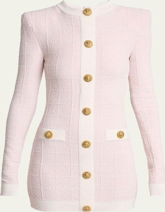 Balmain Buttoned Boucle Knit Strong-Shoulder Mini Dress