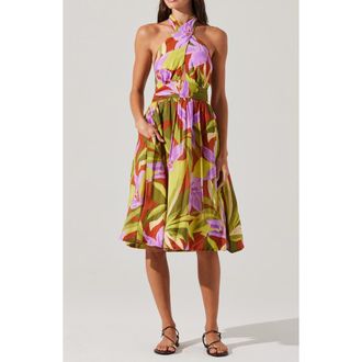 ASTR the Label Kalia Floral Halter Neck Dress in Green Rust Floral at Nordstrom Rack, Size X-Small