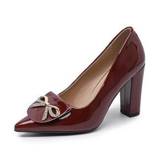 Generic Womens Rhinestones Bowknot Dress Shoes High Block Heels Closed Pointed Toe Wedding Office Party Pumps Slip On (Wine Red,5.5)