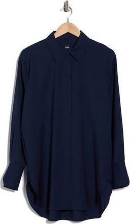 BOSS Bertoa Virgin Wool Button-Up Shirt in Dark Blue at Nordstrom Rack, Size 10