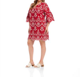 Karen Kane Flare Sleeve Embroidered Dress - Plus In Red With Off White